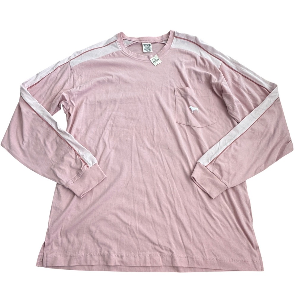 PINK Women Long Sleeve Shirt L NWT Oversized Pocket Sporty‎ Racing Stripe Tee